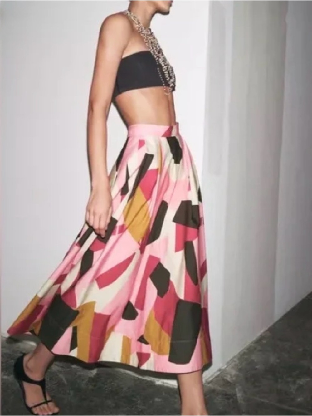 Zara ZW Collection Geometric Printed Midi Skirt